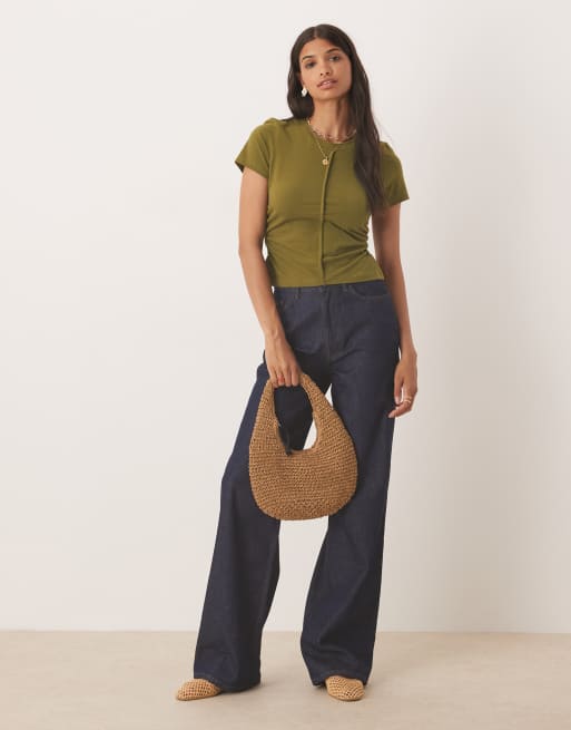 ASOS DESIGN brushed cotton waist detail shrunken tee in khaki, 3 of 4