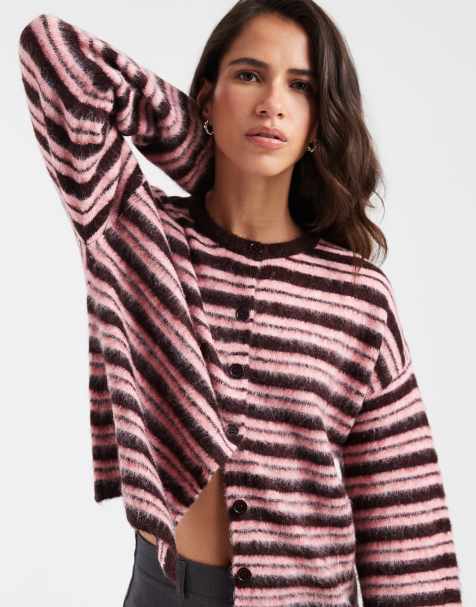 ASOS DESIGN brushed crew neck cardigan in burgundy and pink - view 1