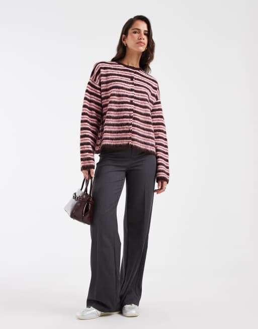 ASOS DESIGN brushed crew neck cardigan in burgundy and pink, 3 of 4