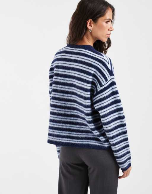 ASOS DESIGN brushed crew neck cardigan in cobalt stripe, 3 of 4