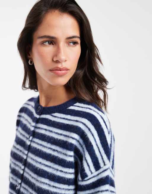 ASOS DESIGN brushed crew neck cardigan in cobalt stripes, 2 of 4