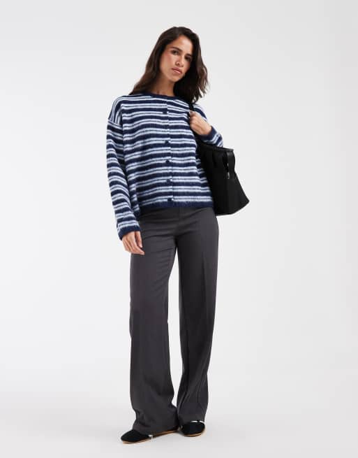ASOS DESIGN brushed crew neck cardigan in cobalt stripes, 4 of 4