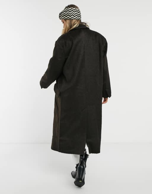 ASOS DESIGN brushed dad maxi coat in brown, 2 of 4