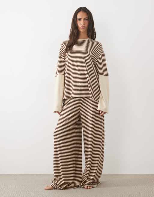 ASOS DESIGN brushed double layer long sleeve pyjama set in brown stripe, 2 of 4