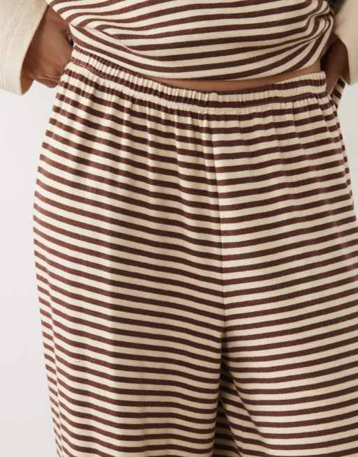 ASOS DESIGN brushed double layer long sleeve pyjama set in brown stripe, 3 of 4