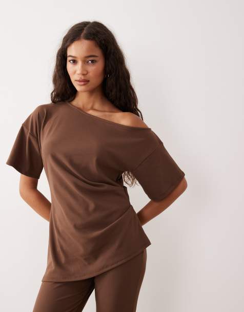ASOS DESIGN brushed fine rib off shoulder tee co-ord in chocolate - view 1