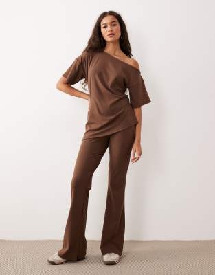 Asos Design Brushed Fine Rib Wide Leg Pants In Brown