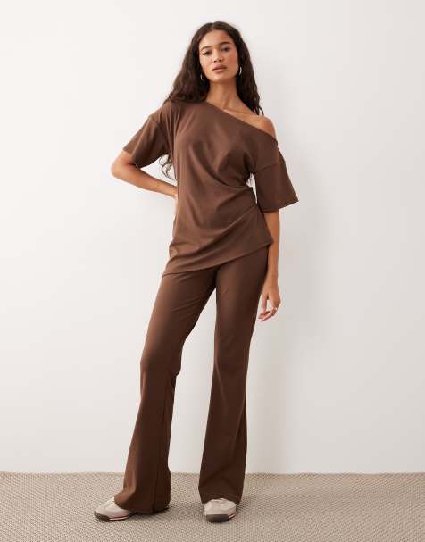 ASOS DESIGN brushed fine rib wide leg pants in chocolate - part of a set - view 1