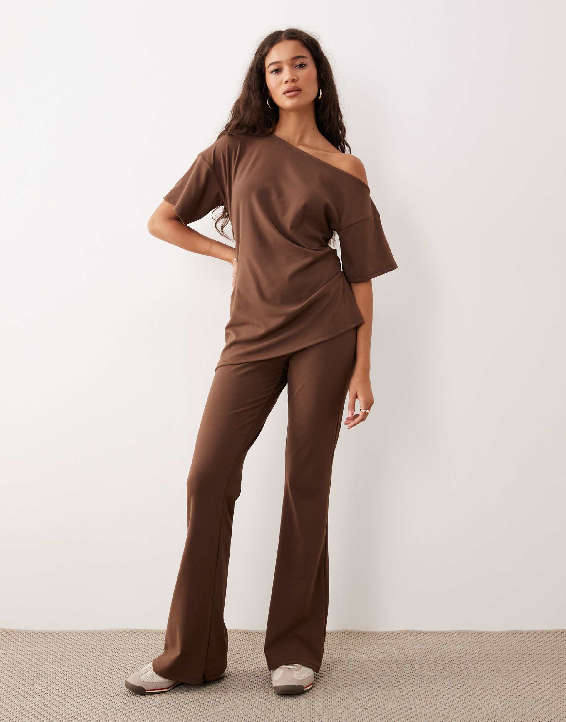 asos design brushed fine rib wide leg pants in chocolate - part of a set