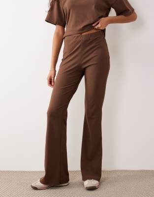 Asos Design Brushed Fine Rib Wide Leg Pants In Brown