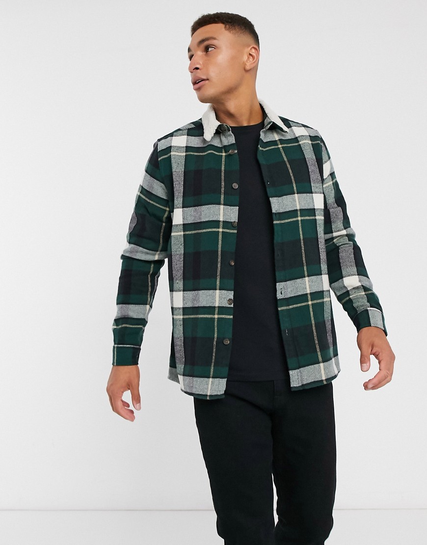 ASOS DESIGN brushed flannel check overshirt in green plaid with fleece collar