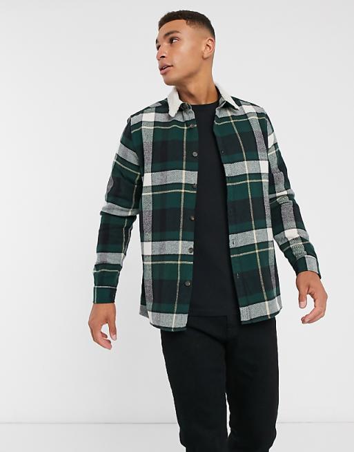 ASOS DESIGN brushed flannel check overshirt in green plaid with fleece collar | ASOS