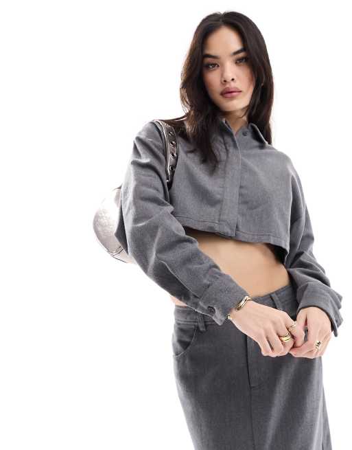 FhyzicsShops DESIGN brushed flannel crop shirt in grey co-ord