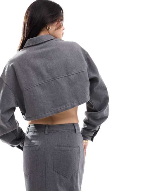 ASOS DESIGN brushed flannel crop shirt in grey (part of a set), 4 of 4