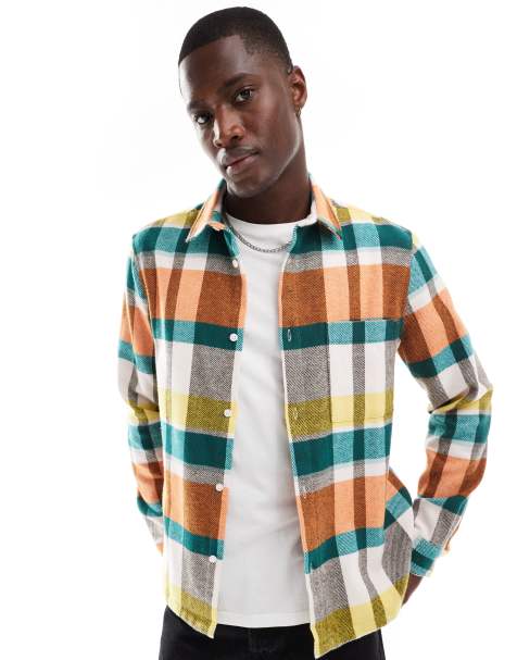 ASOS DESIGN brushed flannel regular shirt in rainbow check - view 1