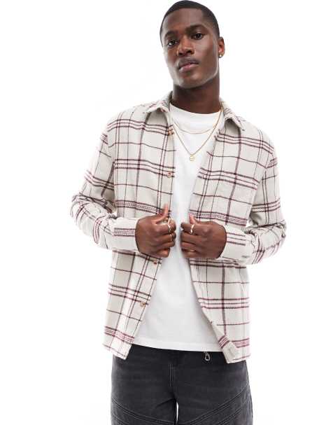 ASOS DESIGN brushed flannel regular shirt in window pane check in cream - view 1