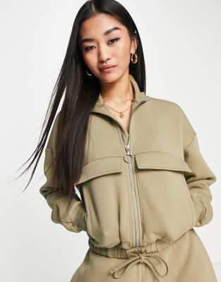 ASOS DESIGN brushed fleece half zip sweatpants jumpsuit in khaki
