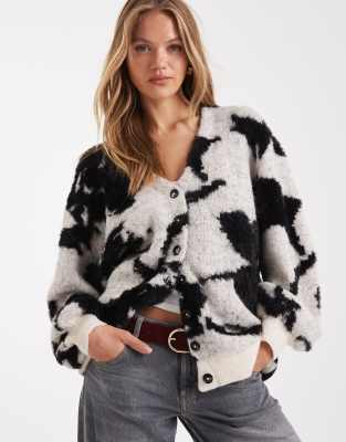 Asos Design Brushed Floral Boyfriend Cardigan In Black