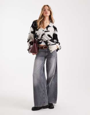 Asos Design Brushed Floral Boyfriend Cardigan In Black