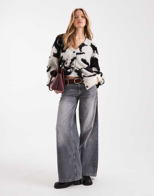 ASOS DESIGN brushed floral boyfriend cardigan in black