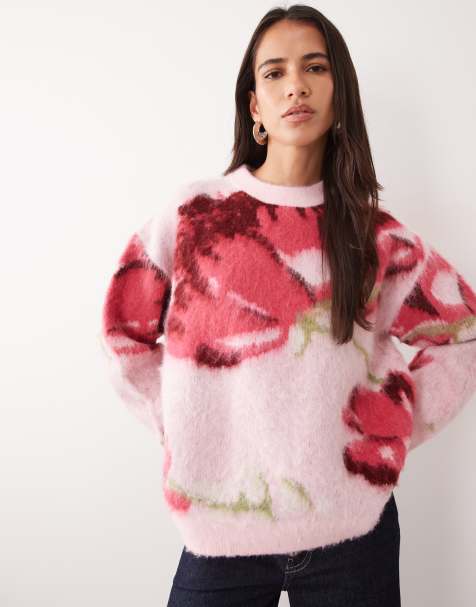 ASOS DESIGN brushed floral crew neck jumper in pink - view 1