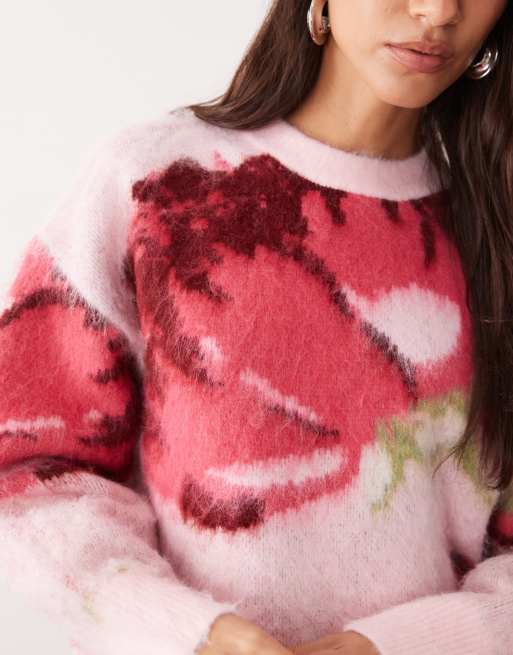 ASOS DESIGN brushed floral crew neck jumper in pink, 2 of 4