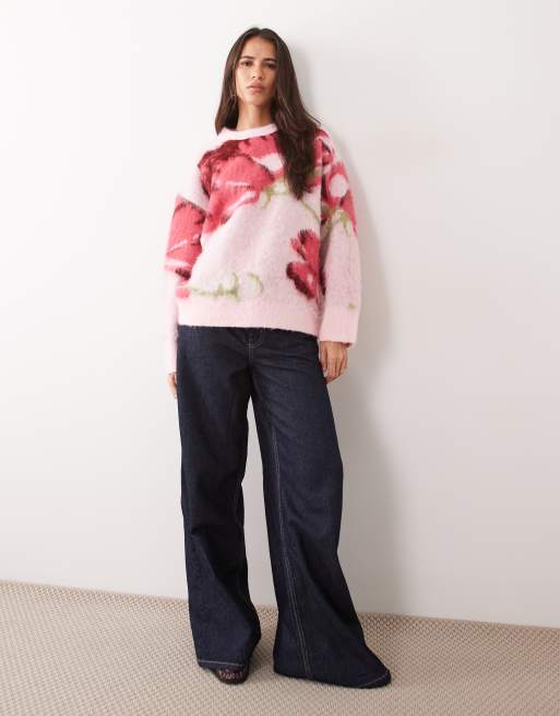 ASOS DESIGN brushed floral crew neck jumper in pink, 3 of 4