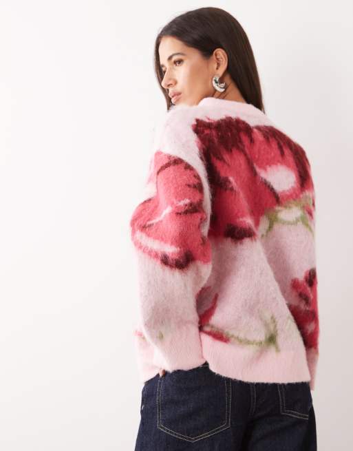 ASOS DESIGN brushed floral crew neck sweater in pink, 4 of 4