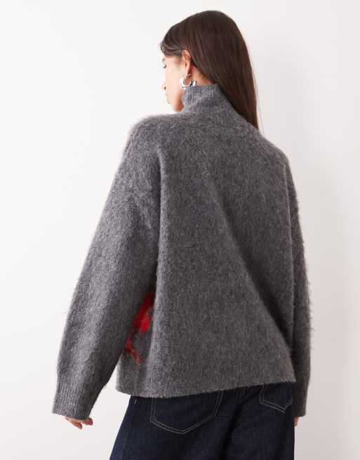 ASOS DESIGN brushed floral funnel neck jumper in grey, 3 of 4