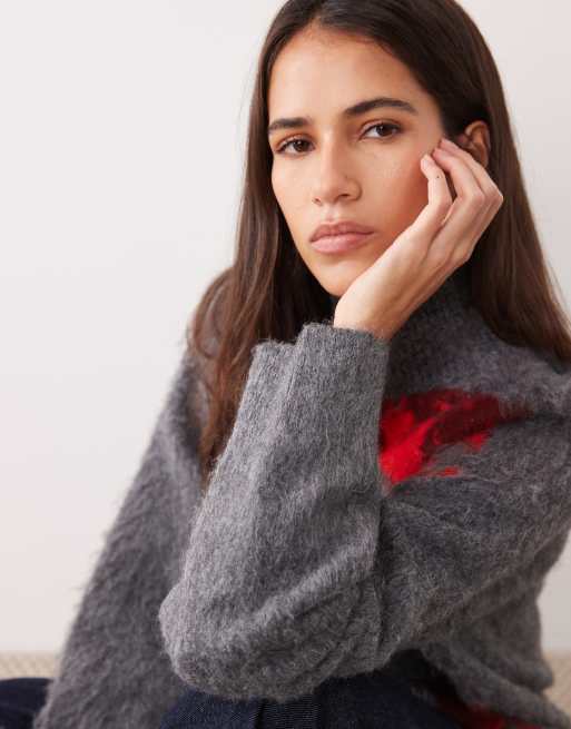 ASOS DESIGN brushed floral funnel neck jumper in grey, 4 of 4