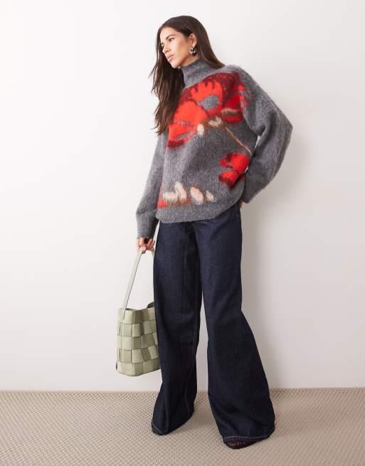 ASOS DESIGN brushed floral funnel neck sweater in gray, 2 of 4