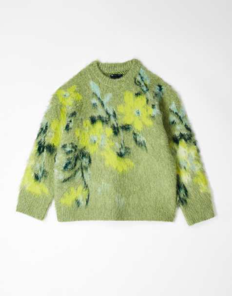 ASOS DESIGN brushed floral placement sweater in sage - view 1