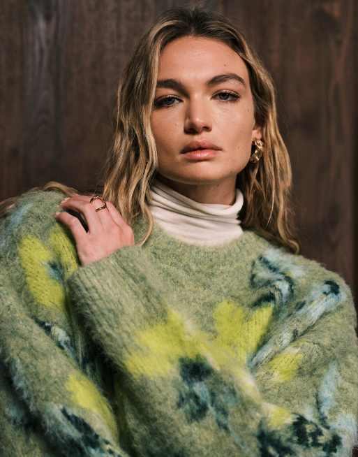 ASOS DESIGN brushed floral placement sweater in sage