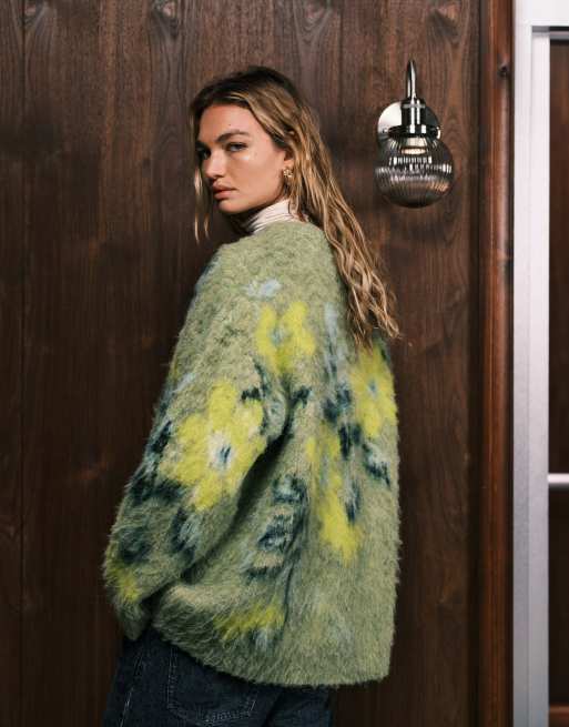 ASOS DESIGN brushed floral placement sweater in sage
