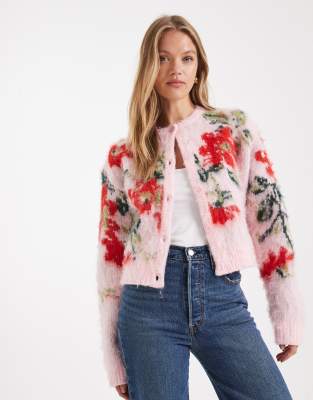 Asos Design Brushed Floral Relaxed Cardigan In Pink