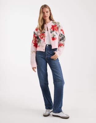 Asos Design Brushed Floral Relaxed Cardigan In Pink
