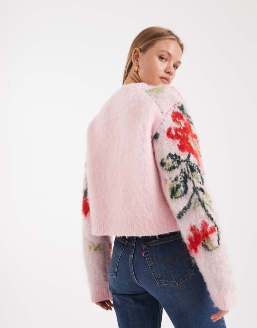 ASOS DESIGN brushed floral relaxed cardigan in pink, 3 of 4