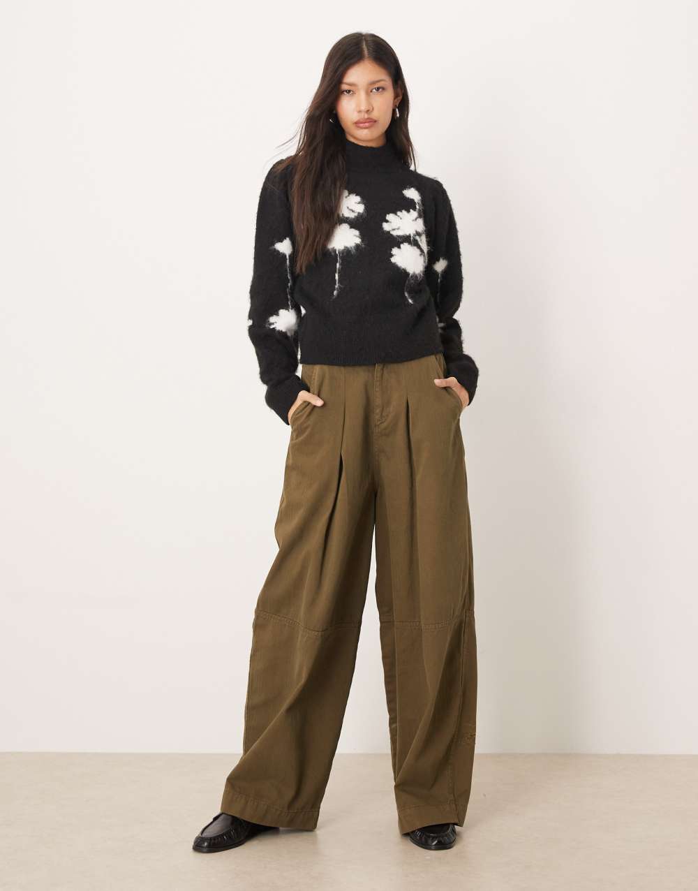 ASOS DESIGN brushed floral waisted high neck jumper in mono