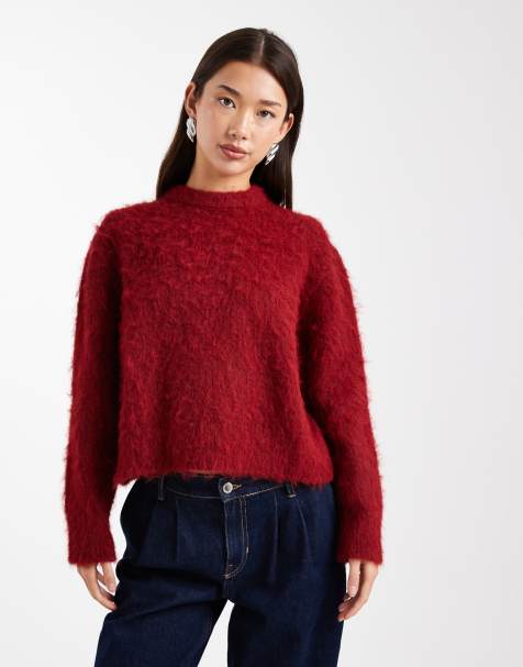 ASOS DESIGN brushed fluffy jumper in burgundy - view 1