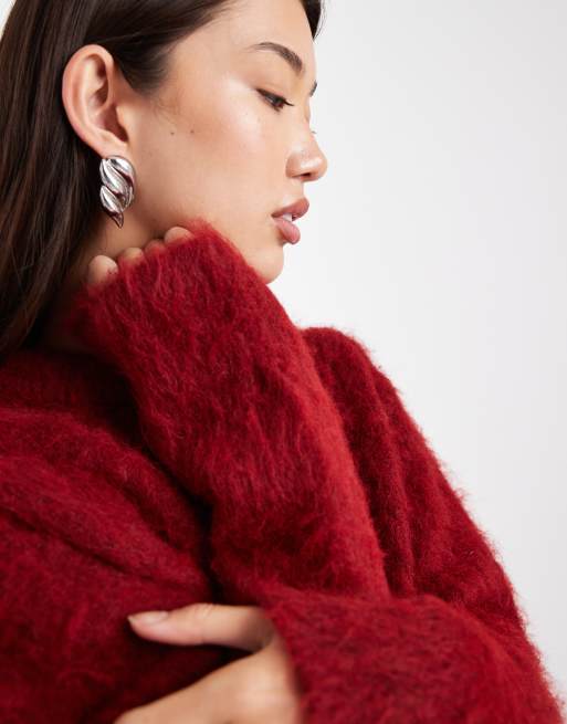 ASOS DESIGN brushed fluffy jumper in burgundy, 2 of 4