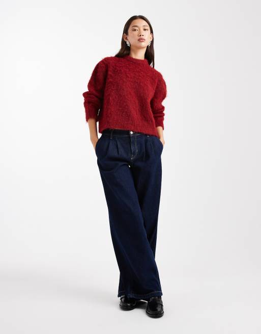 ASOS DESIGN brushed fluffy jumper in burgundy, 3 of 4