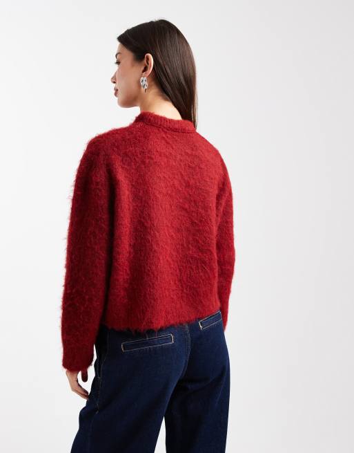 ASOS DESIGN brushed fluffy jumper in burgundy, 4 of 4