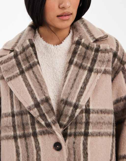ASOS DESIGN brushed formal throw on coat in stone plaid