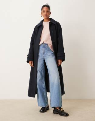 Asos Design Brushed Formal Top Collar Longline Coat In Navy