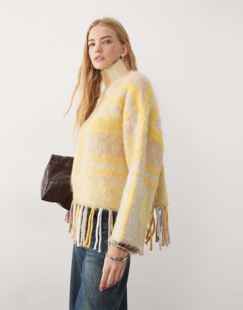 ASOS DESIGN brushed fringe jumper in yellow check - view 1