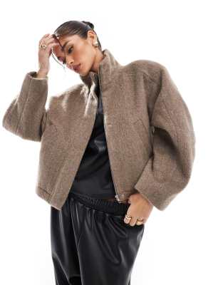 brushed funnel neck bomber jacket with curve sleeve in mushroom-Brown