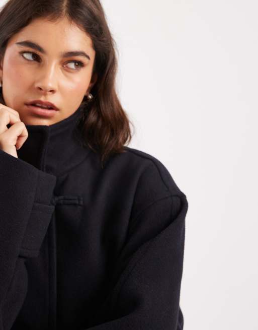 ASOS DESIGN brushed funnel neck coat with toggle detailing in navy