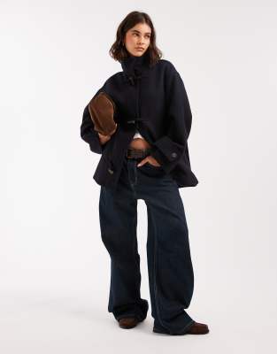 Asos Design Brushed Funnel Neck Coat With Toggle Detailing In Blue