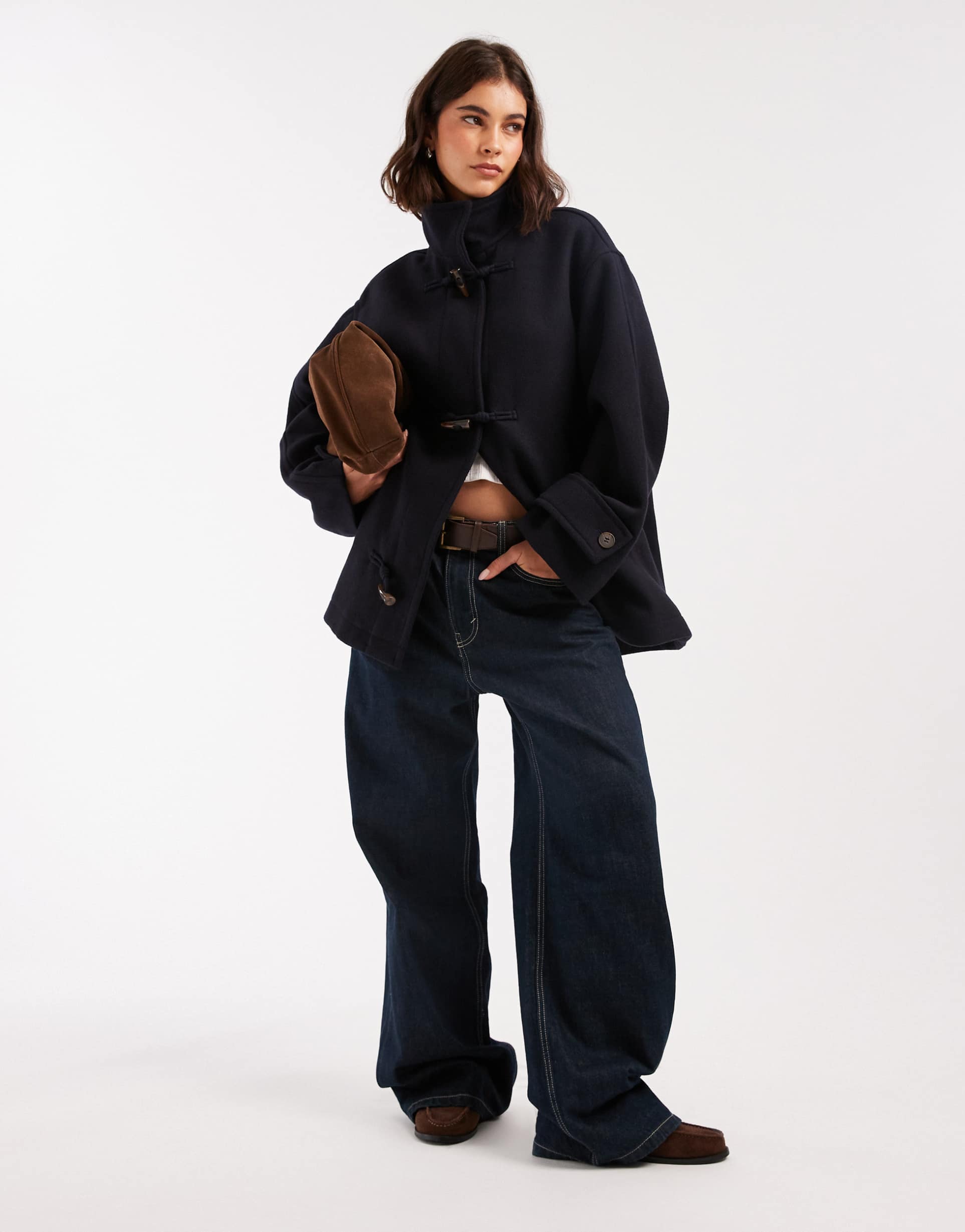 asos design brushed funnel neck coat with toggle detailing in navy