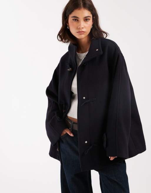 ASOS DESIGN brushed funnel neck coat with toggle detailing in navy